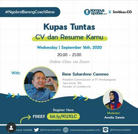 rina_maula's tweet photo. Yuk, ada kegiatan yg menarik nih dari @LimitlessCampus @KampusUpdate agar bisa upgrade CV jadi lebih bagus
#NgobrolBarengCoachRene #KUxLimitless https://t.co/2hrcpJB3JB
