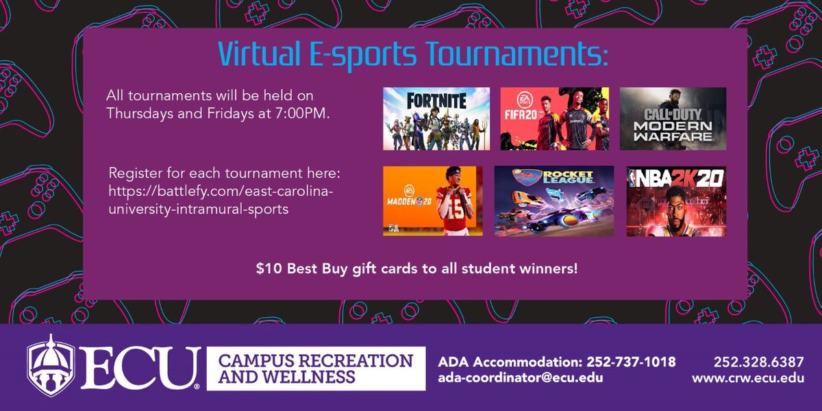 ECU Esports and Gaming (@ecuesport) on Twitter photo Join our friends at <a href="/ECU_CRW/">ECU Campus Recreation & Wellness</a> in their esport tournaments (all online, of course)! Click the link to register: battlefy.com/east-carolina-… Join our friends at <a href="/ECU_CRW/">ECU Campus Recreation & Wellness</a> in their esport tournaments (all online, of course)! Click the link to register: battlefy.com/east-carolina-…