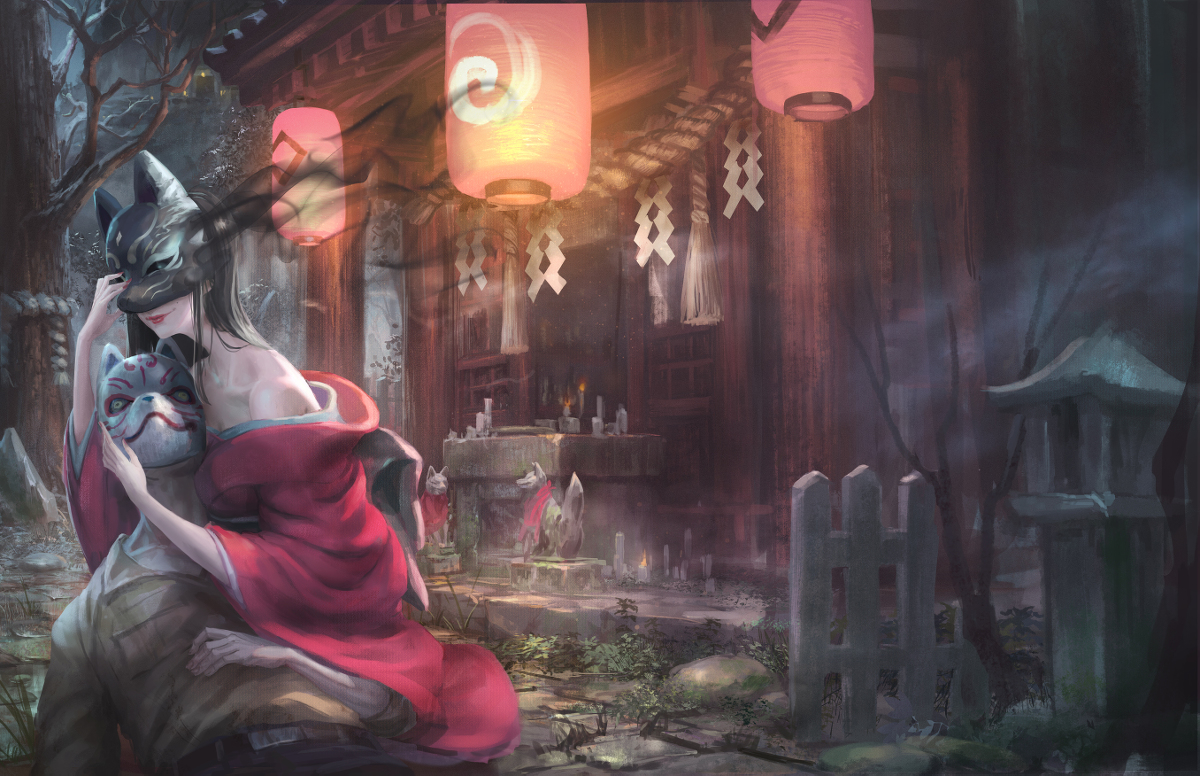 Twitter पर Cola Chen 黒面の狐の表紙イラストb 女の子 背景 和風 和服 神社 T Co K7cczodrks