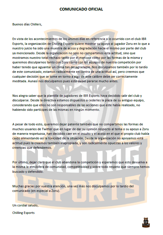 ChillingEsports's tweet photo. Comunicado oficial referente a la polémica con el club @IBR_eSports https://t.co/bIvsL96o2W