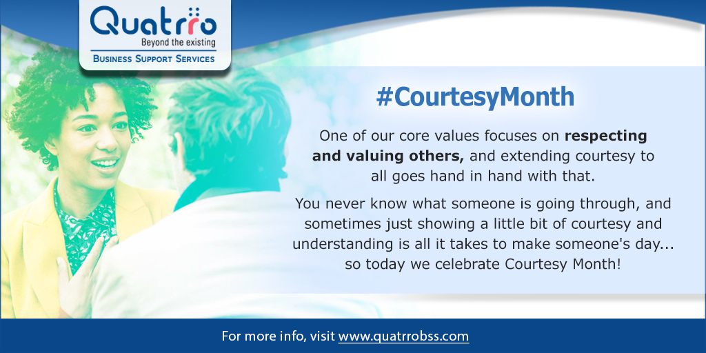 Quatrro_QBSS's tweet photo. September is #CourtesyMonth.
One of our core values focuses on respecting and valuing others, and extending courtesy to all goes hand in hand with that.
Showing a little bit of courtesy and understanding is all it takes to make someone's day...so today we celebrate #CourtesyMonth https://t.co/hBvzqoQ9yU