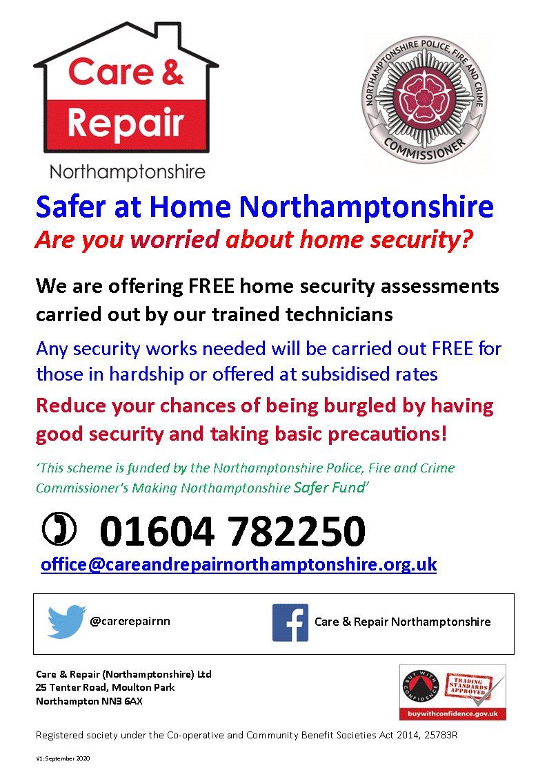Do you feel secure in your property? <a href="/carerepairnn/">Care & Repair Northamptonshire</a> have a funding available to assist with security to make you feel safer at home!