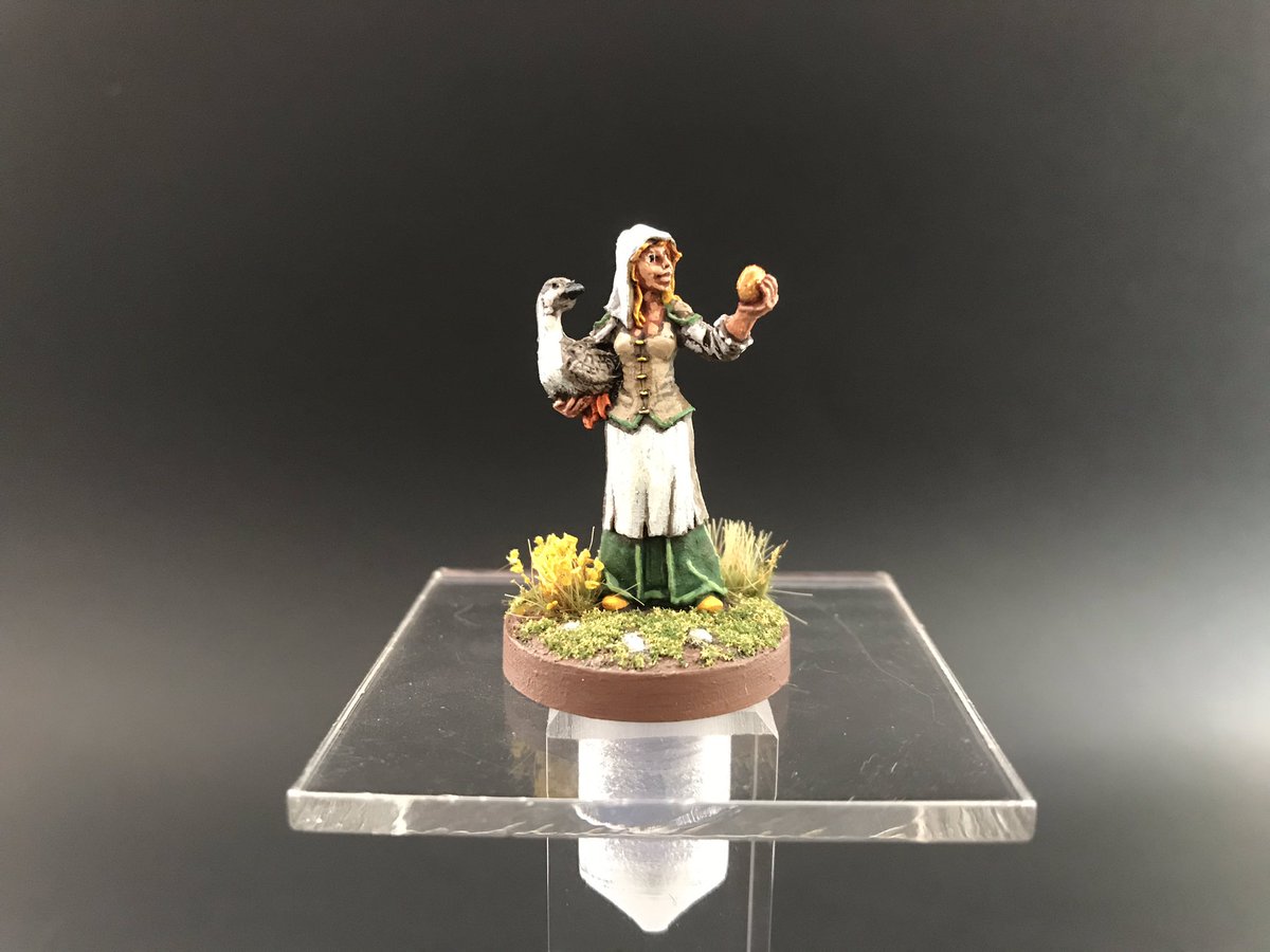Travis_Fauber's tweet photo. I painted the #townsfolk #gooselady from @reapermini SKU #04022. I nicknamed her #veruca. The single flyer riser is from @AxeNshield. #ttrpg #rpg #dnd #dnd5e #dungeonsanddragons #goose #golden #egg #miniature #painting #art #goblinpaint #fun https://t.co/wBBvI4YdhG