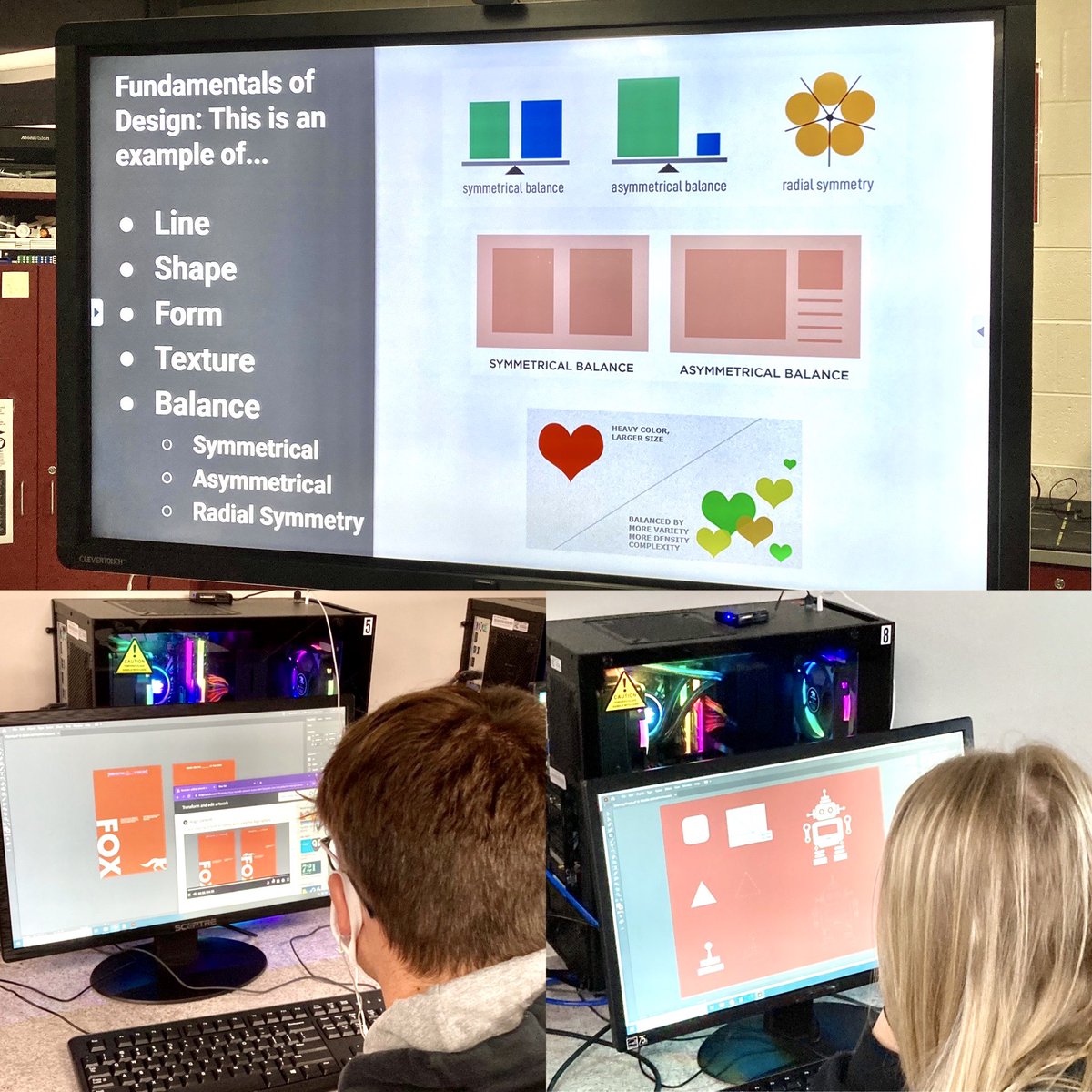CMDigitalSTEAM's tweet photo. Students in Mr. Sternsher’s Digital Graphics &amp; Design class at Clinton-Massie High School are learning about the fundamentals of design and how to create vector art with Adobe Illustrator. 
#fuelthepositive
@PrincipalCMHS 
@CMFALCONS_NEWS https://t.co/oW1mno1NNR