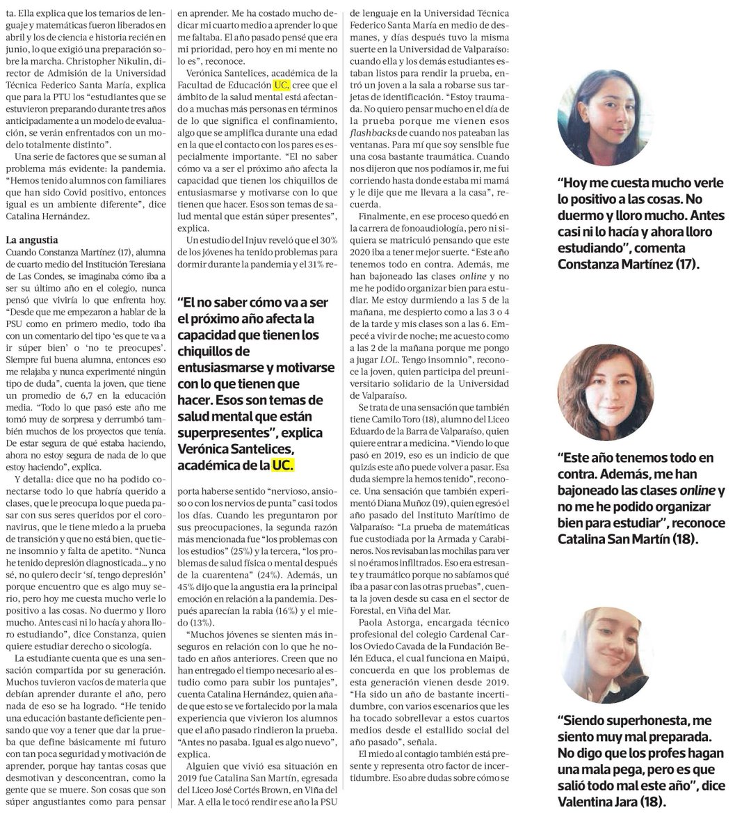 Fac_EducacionUC's tweet image. Ansiedad e incertidumbre🗯️ ¿Cómo impactan en quienes se preparan para la Prueba de Transición Universitaria? "El no saber cómo va a ser el próximo año afecta la capacidad de jóvenes de motivarse con lo que tienen que hacer", explica la académica Verónica Santelices en @latercera