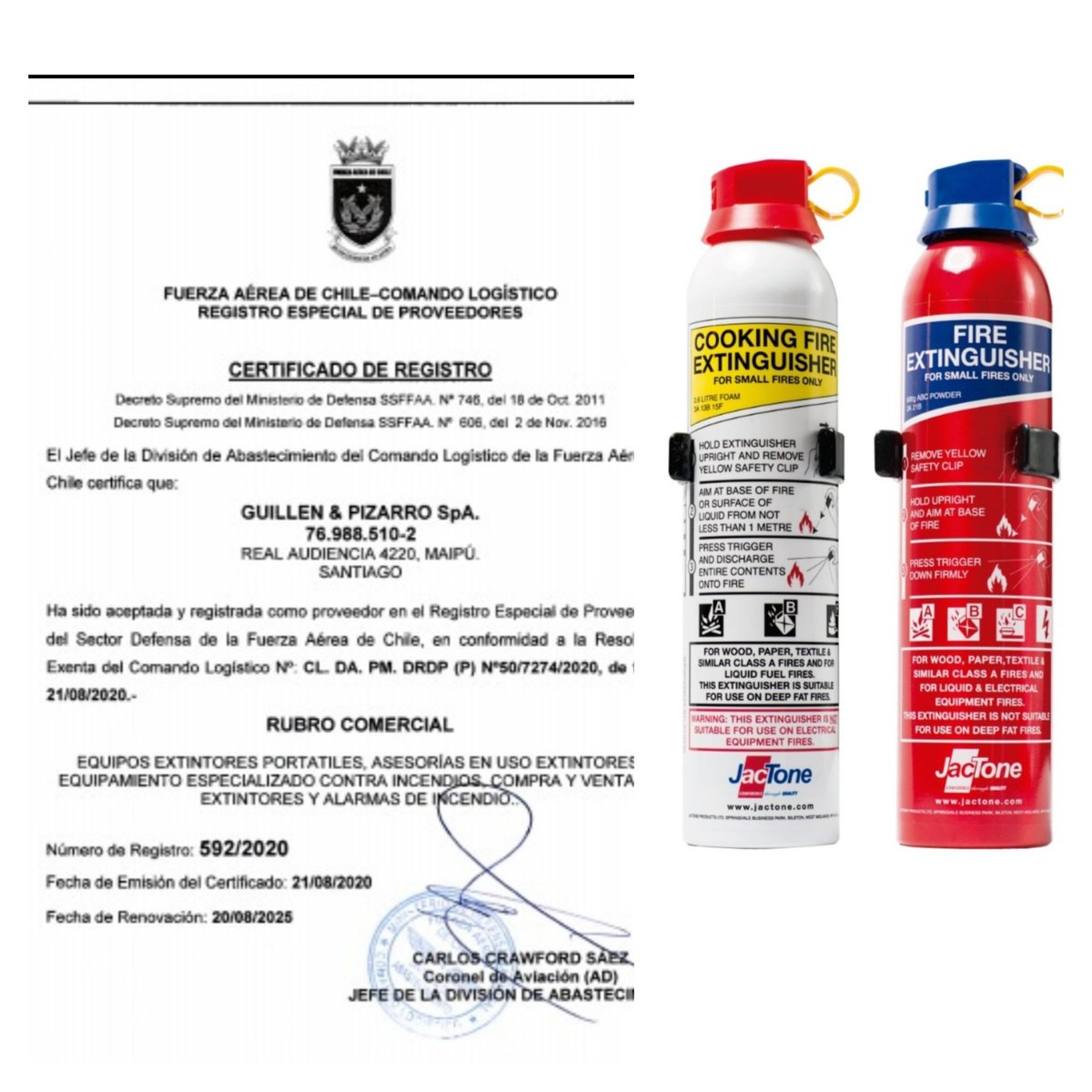 FireoutC's tweet photo. FIRE OUT (Guillén &amp; Pizarro SpA) también está en el Registro Especial de Proveedores de la FUERZA AÉREA DE CHILE. Damos gracias a la Institución por la confianza y oportunidad. 
#Jactone #prevencionistas #autocuidado #incendio #brigadasdeemergencia #fach https://t.co/7mFTMMBQd4
