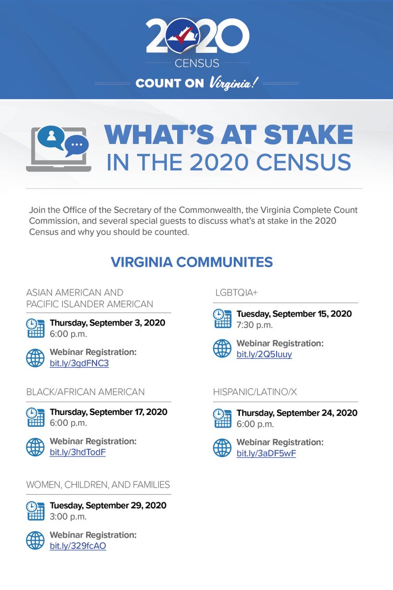 Join us TONIGHT at 7:30 p.m. for a webinar discussion on What's At Stake In The #2020Census for Virginia's LGBTQIA+ community with special guests Delegate Danica Roem and Meghan Maury, Policy Director, National LGBTQ+ Task Force.

Visit facebook.com/events/7353544… for more info.