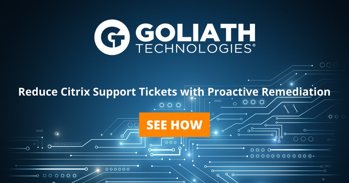 GoliathSolution's tweet image. For today’s #TroubleshootingTuesday, see how one IT service provider leveraged #Goliath to automatically remediate issues, reduce support tickets, and increase client satisfaction for their #Citrix customers. bit.ly/35BeQ9G