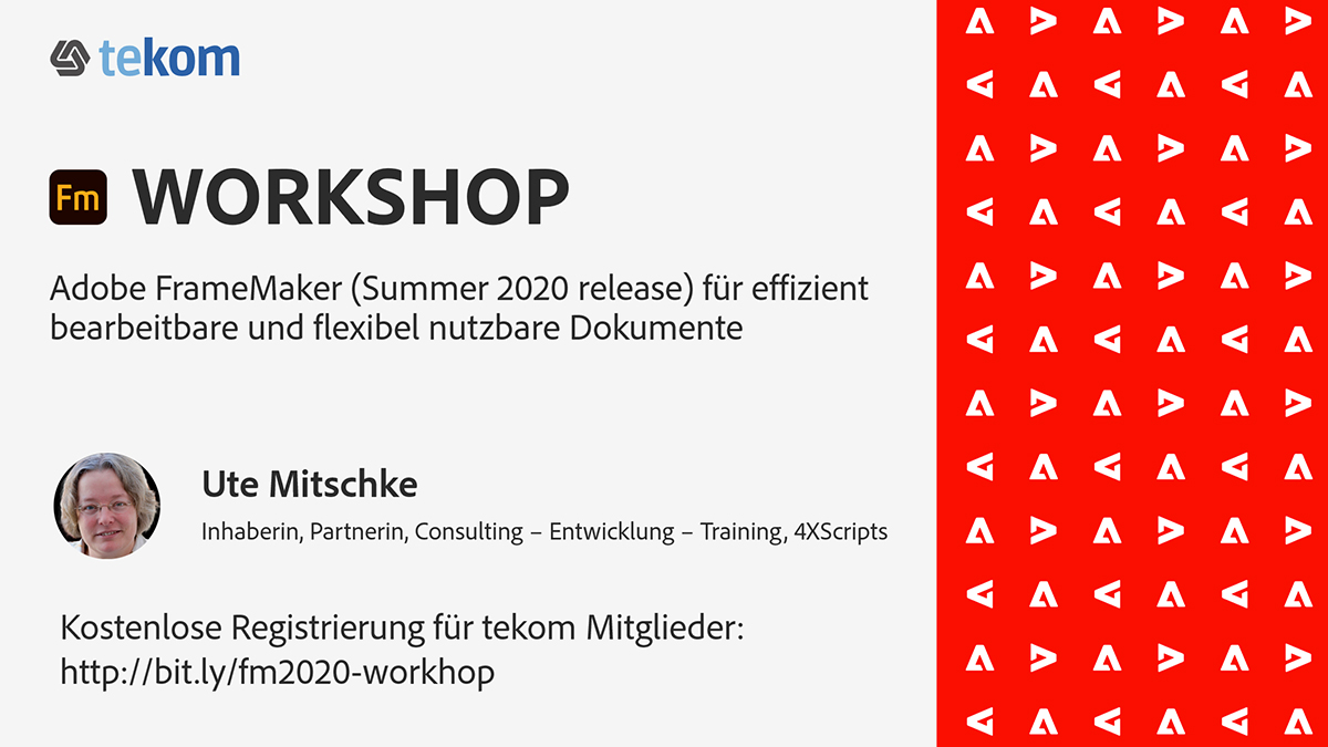 stefangentz's tweet image. Am Freitag, 18.09., gibt Ute Mitschke für Mitglieder der @tekom (RG München) den Workshop #Adobe #FrameMaker (Summer 2020 release) für effizient bearbeitbare und flexibel nutzbare Dokumente“.
Kostenlose Anmeldung für tekom Mitglieder:
bit.ly/fm2020-workhop