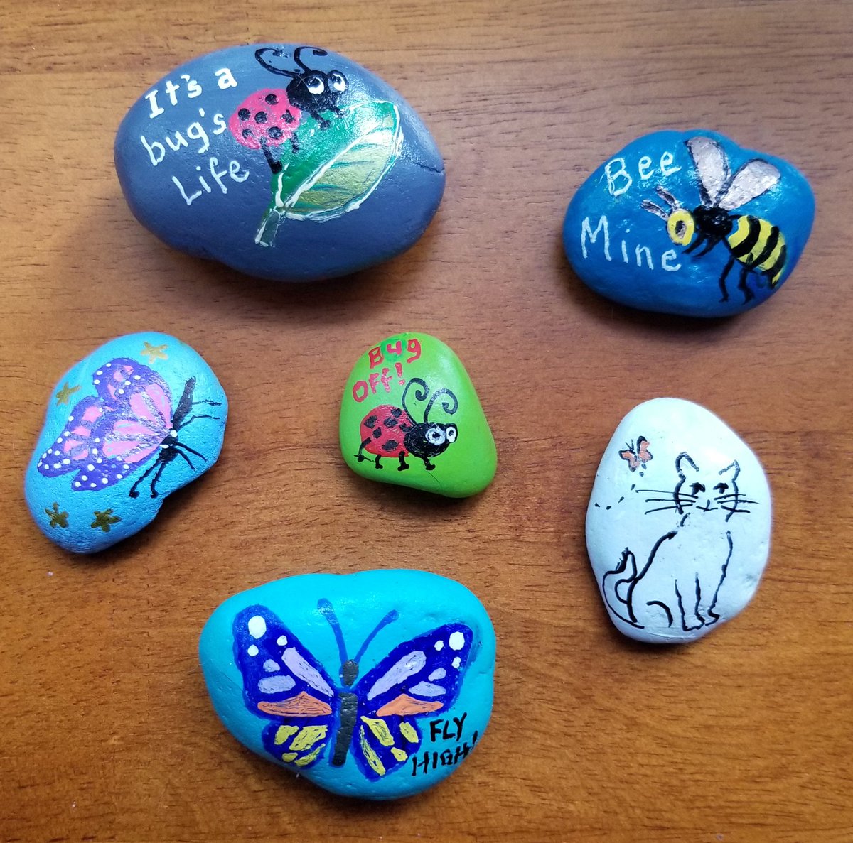 @booksnyarn Last night was pretty bad here, too, so, sympathies! 🐰💐 Here are some cute rocks to cheer you. I painted them for a #butterflyfarm.