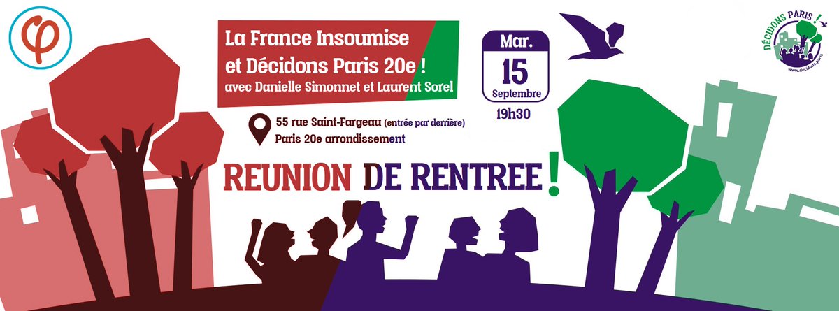 [🔴CE SOIR 19H30: Réunion de rentrée @FI20eme
/<a href="/Decidons20e/">Decidons Paris 20e</a>]
📍Où? 55 rue Saint-Fargeau #Paris20 (ancien local de campagne municipale-entrée par derrière)
📆Qd ? Mardi 15 Septembre, 19H30
👥Avec @Simonnet2, Conseillère de #Paris et <a href="/LaurentSOREL1/">Laurent SOREL</a>, Conseiller du 20e arrondissement