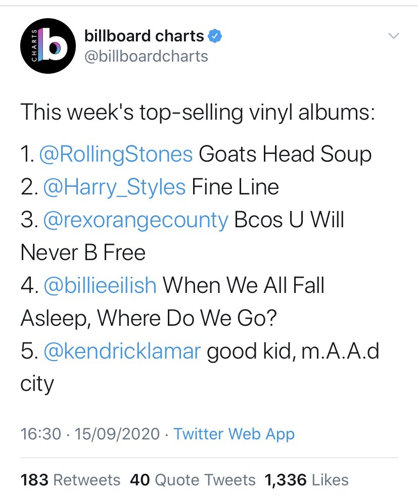 -“Fine Line” was the second best selling album on vinyl in the USA exactly NINE months after its release.-“Watermelon Sugar” has now spent 10 weeks in the top 10 of the Billboard 100 chart(#7) and “Adore You” is at #18 on its 40th week, spent 30 weeks in the top 20.