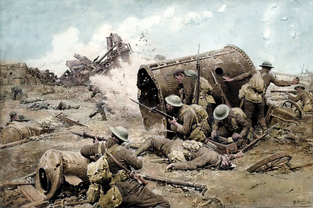 Painting by #FortuninoMatania showing the Canadians storm the German sugar factory stronghold at Courcelette #OTD Sep 15 1916  
CWM 19870268-001
The original painting published as B&amp;W, this image was colourized by Royston Leonard from the UK
warmuseum.ca/firstworldwar/…
