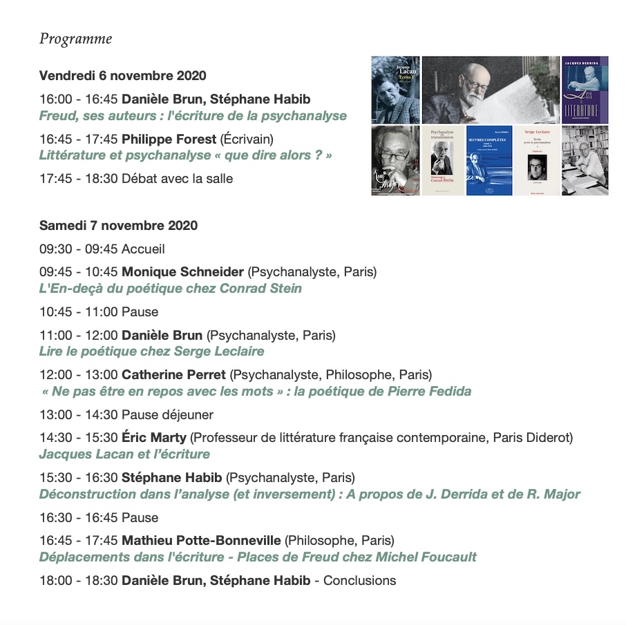 6-7 novembre 2020 : L'Écriture de la psychanalyse…
En présentiel ou via Zoom : medpsycha.org