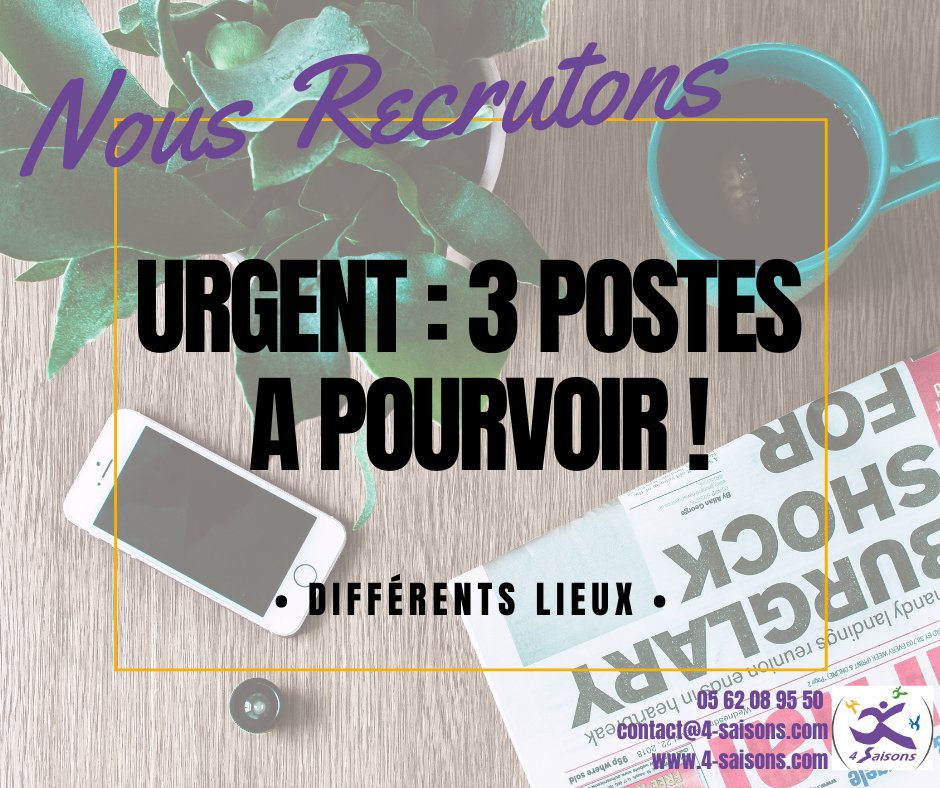 📣 URGENT
Nous avons 3 postes à pourvoir au plus vite :
- 1 Aide cuisine à Latrille (40) 
- 1 Aide réceptionnaire à Saint Mont (32)
- 1 Aide réceptionnaire à Le Houga (32)
Intéressé.e ?
📲 Appelez-nous sans tarder au 05.62.08.95.50 !