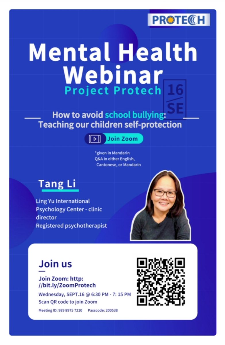 ProjectPROTECH's tweet photo. Our weekly #mentalhealth this week will start from 6:30pm-7:15pm. Tang Li will focus on how to avoid school bullying and children's self-protection. #spreadtheword and join us on zoom this Wed Sept 16th 6:30pm! #projectprotech https://t.co/Y9PKukOss8