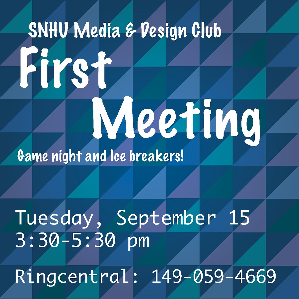 SNHUMediaDesign's tweet photo. Join us tonight for our first meeting of the semester! 

Come meet the e-board with some online games and fun ice breakers. We hope to see you there! https://t.co/3RSE0v5SSq