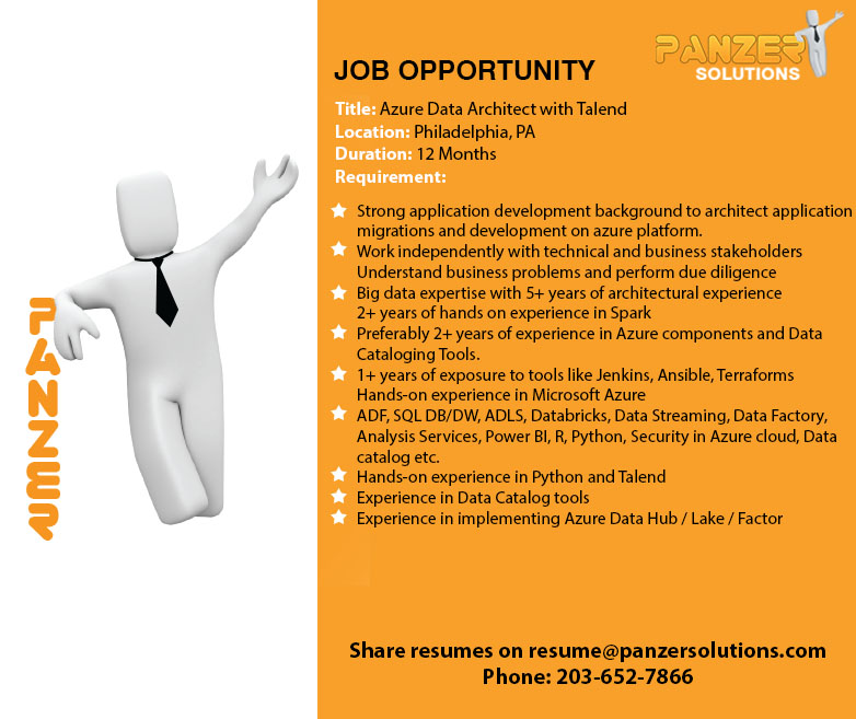 panzersolution's tweet image. Job Title: Azure Data Architect with Talend
Location: Philadelphia, P.A.
Share resumes on resume@panzersolutions.com
Or for more info click on the below link

panzersolutions.com/view_job_oppor…

#PanzerSolutions #AzureDataArchitect #Talend #Azure #Data #Architect #Jobs #Latestjobs