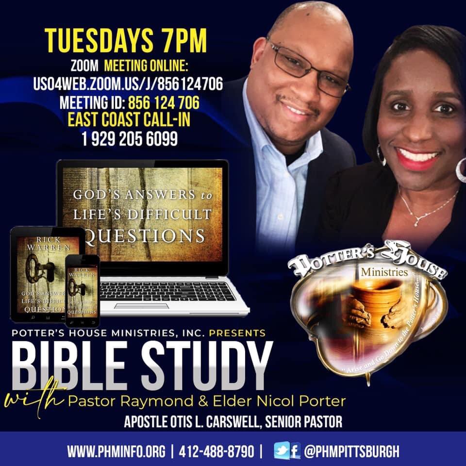PHMPittsburgh's tweet photo. Our small group Bible study resumes TONIGHT (7pm) with the Porters. “God’s Answers to Life’s Difficult Questions” by Pastor Rick Warren. All are welcome to join via Zoom or by dialing in by telephone. Details on graphic.

#phmpittsburgh #onlinebiblestudy #biblestudy #tuesdayvibes https://t.co/J5LbVX8Xz0