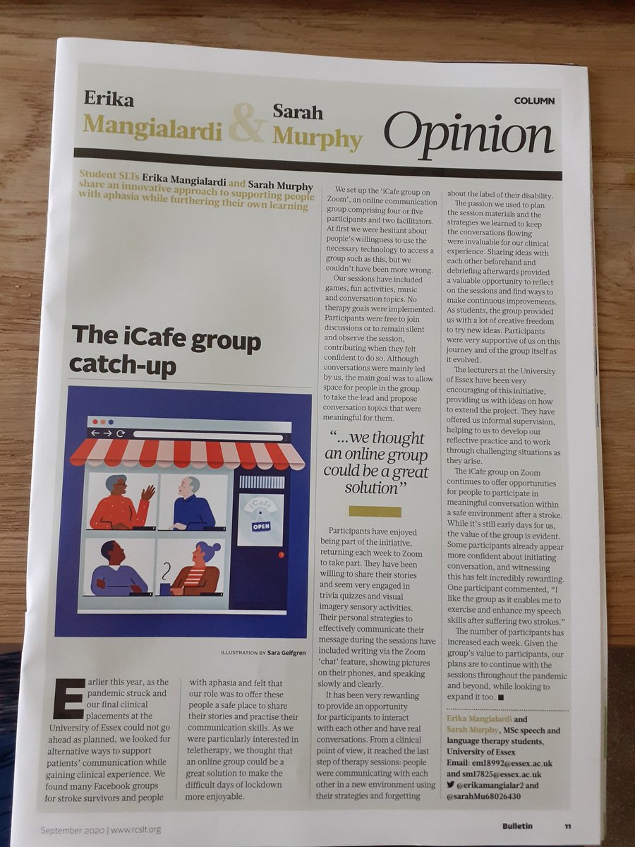 So proud of our amazing University of Essex #SLT students who instigated and ran a new online group for people with #aphasia and #dysarthria covered in this month's Bulletin. Demonstrating Essex values and providing a lifeline to people at risk of isolation during the pandemic👏