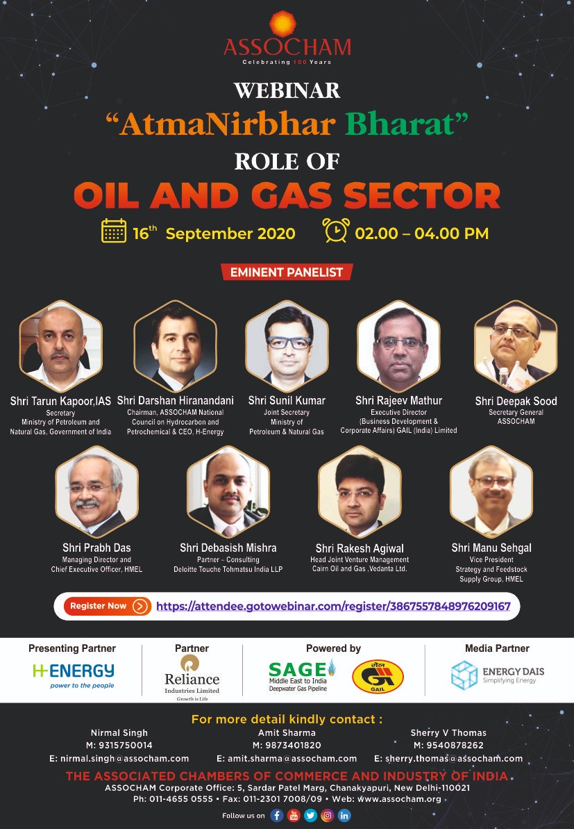 EnergyDais's tweet photo. #MediaPartnerPost
@ASSOCHAM is bringing together top voices from the industry on a webinar to discuss the role of the oil and gas sector in India's vision to become an #AtmaNirbhar economy.
Date: September 16
Time: 2 PM - 4 PM IST
Register now: https://t.co/RnYwjMz1BJ https://t.co/1CdaZAejRW