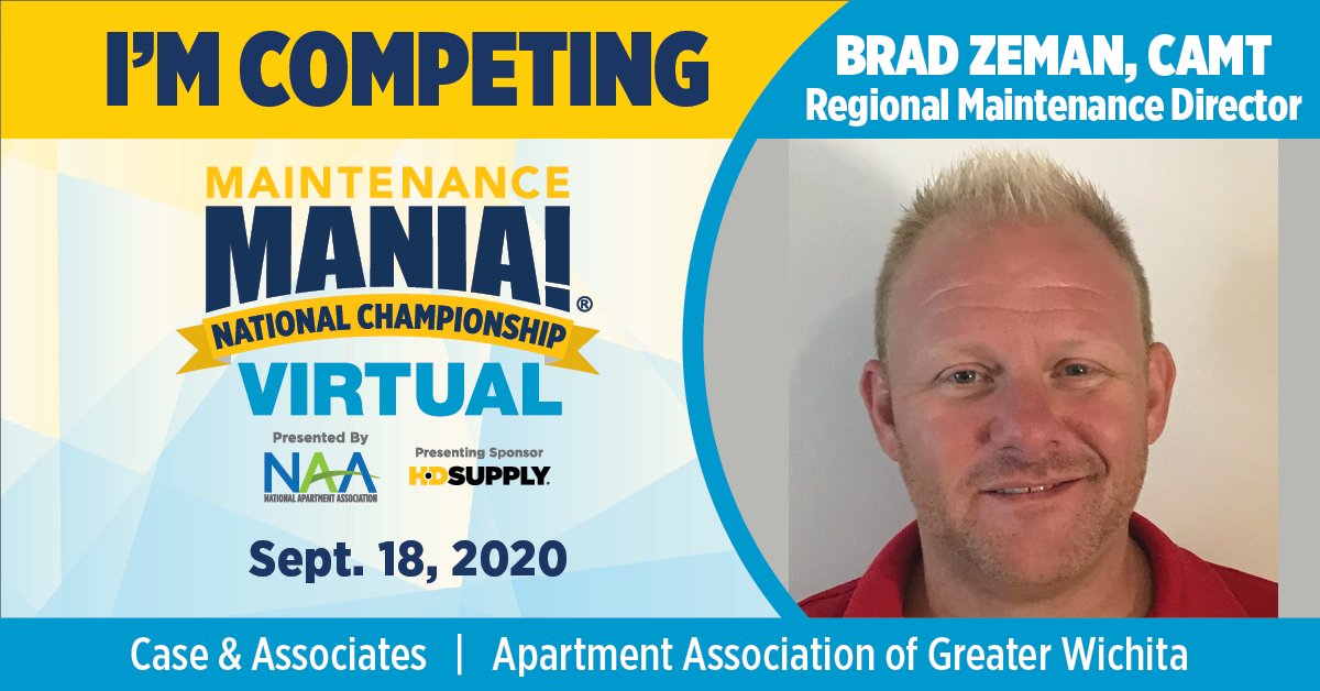 NAAhq's tweet photo. Brad Zeman, CAMT with Case & Associates is excited to represent the Apartment Association of Greater Wichita at #MMNCVirtual! Register to watch Brad compete at https://t.co/d53X8H9Ah4 #GoBradGo https://t.co/Fqen27mTdP