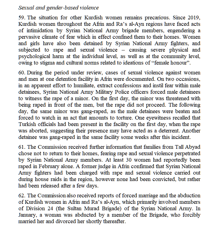 This was in the 2020 UNHRC report about Syria. Systematic looting, rape and torture of Kurdish civilians occurred in Afrin and Serêkaniyê by Turkish-backed militias under the supervision of Turkish forces. Read it here:  https://undocs.org/en/A/HRC/45/31&nbsp;Follow:  https://twitter.com/AfrinWomen?s=20&nbsp;