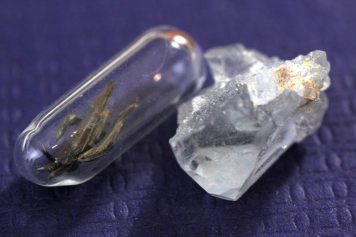 Strontium  #elementphotos. Pale blue crystal is celestite, SrSO4.
