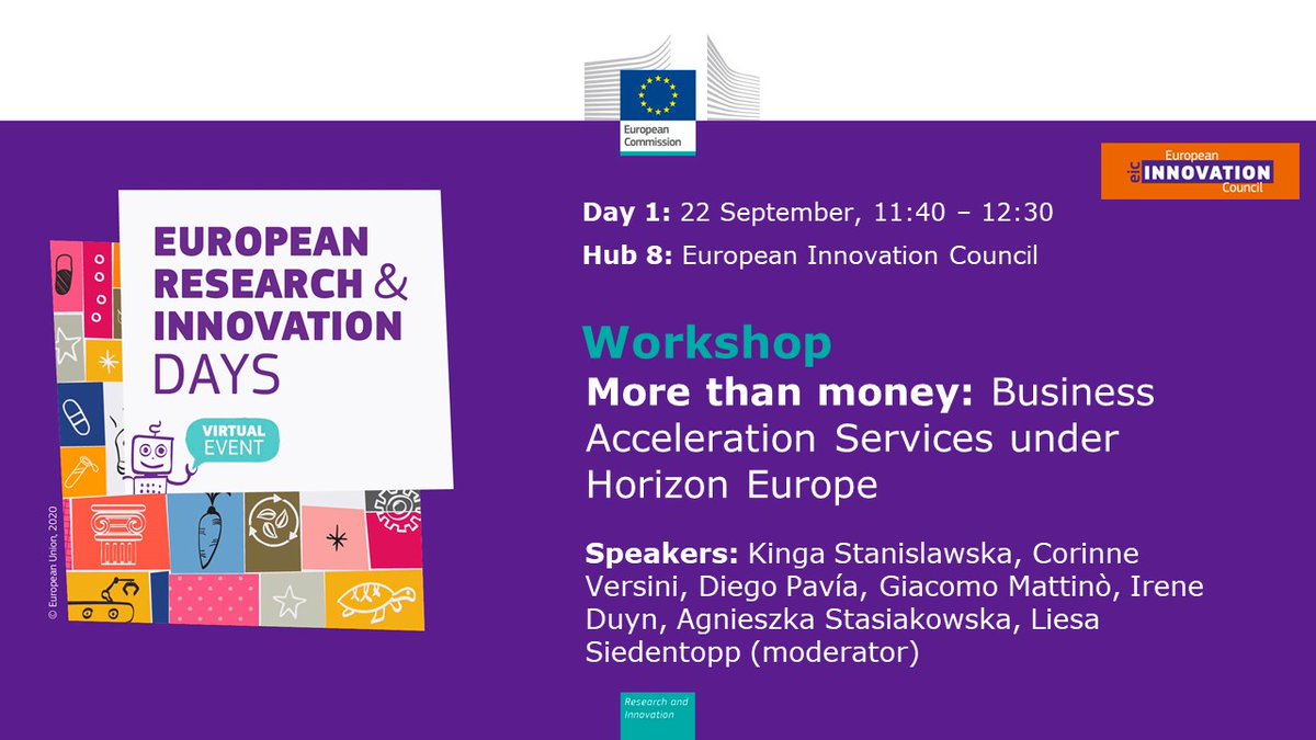 European Innovation Council (@eueic) on Twitter photo 🚨Join us at the #RiDaysEU to know more about <a href="/EUeic/">European Innovation Council</a> Business Acceleration Services.
Discover the <a href="/EU_Commission/">European Commission</a> synergies and activities: networking opportunities and business tools for #Startups and #SMEs.
🗓️ When? 22/9 at 11h40! Register here 👉🏻 bit.ly/33vRpvG 🚨Join us at the #RiDaysEU to know more about <a href="/EUeic/">European Innovation Council</a> Business Acceleration Services.
Discover the <a href="/EU_Commission/">European Commission</a> synergies and activities: networking opportunities and business tools for #Startups and #SMEs.
🗓️ When? 22/9 at 11h40! Register here 👉🏻 bit.ly/33vRpvG