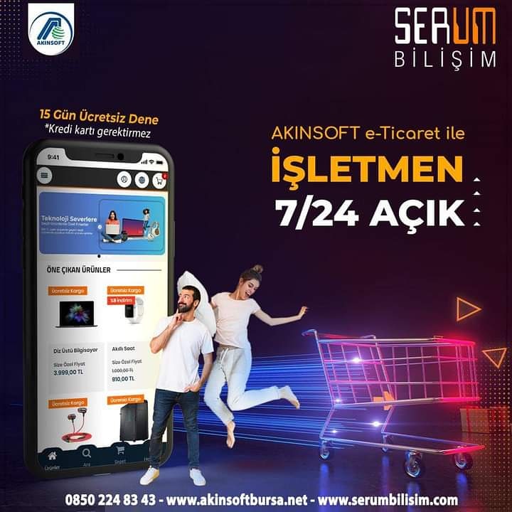 AKINSOFT e-Ticaret ile İşletmen 7/24 Açık
Şimdi 15 Gün Ücretsiz Deneme Fırsatıyla
Bilgi için: 0850 224 83 43, akinsoftbursa.net - serumbilisim.com
#eticaret  #sanalpazar #ecommerce #akinsofteticaret #edönüşüm #software #marketing #akinsoft
#serumbilisim #bursa
