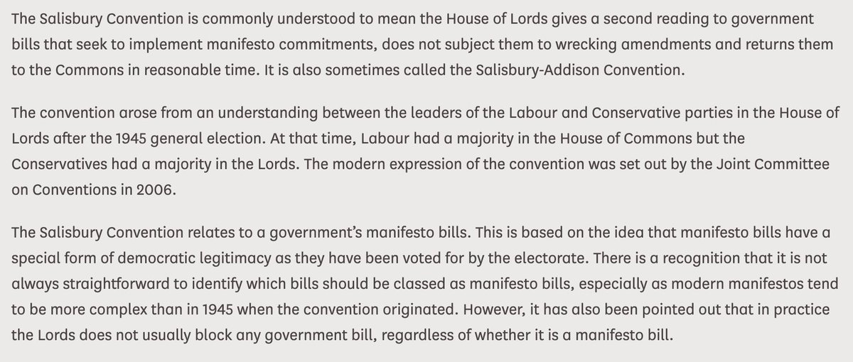 The Salisbury convention can only conceivably bite on Bills that *give effect to* the governing party’s manifesto commitments, as distinct from Bills that *renege* on such commitments. /…  https://lordslibrary.parliament.uk/research-briefings/lln-2019-0155/