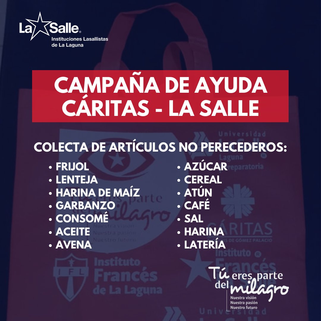 lasallelaguna's tweet photo. Participa en la campaña conjunta de @CaritasGP y las Instituciones Lasallistas de La Laguna.  Aporta tu granito de arena para que más familias en situación de vulnerabilidad se vean beneficiadas ¡Lasallista, #TúEresParteDelMilagro! 🤲💕#LaSalleLaguna #CáritasGómezPalacio https://t.co/4c2E2a9awQ