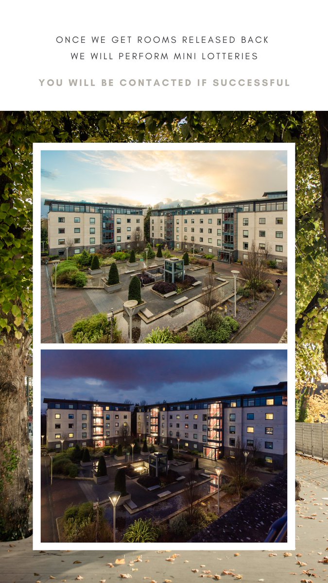 Applications are open for all student types for the coming academic year. Once we get rooms released back we will perform mini lotteries and you will be contacted if successful.

Apply now - dcu.ie/accommodation
Email - campus.residences@dcu.ie