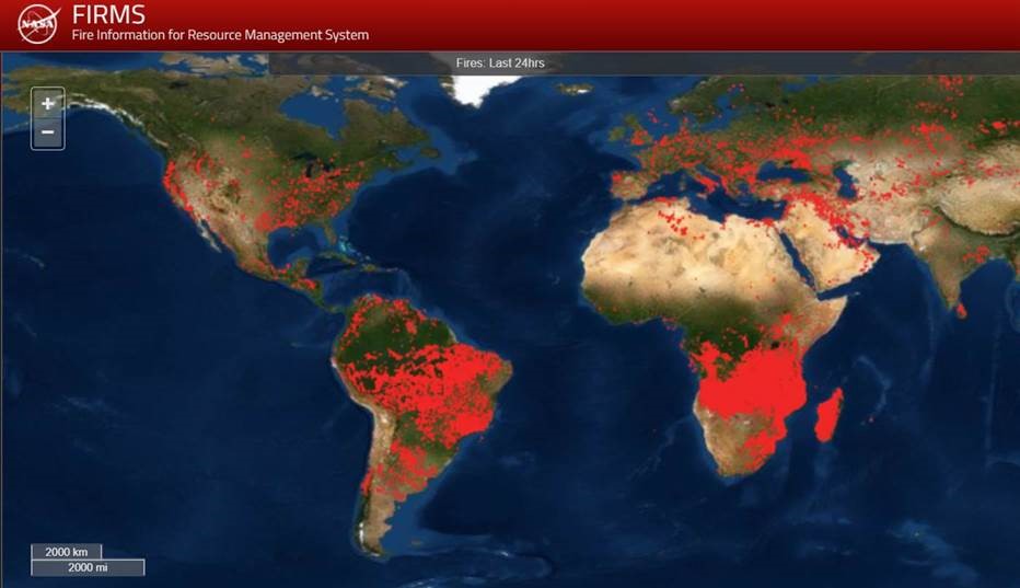 All global fires burning in the last 24 hours, per NASA’s fire map