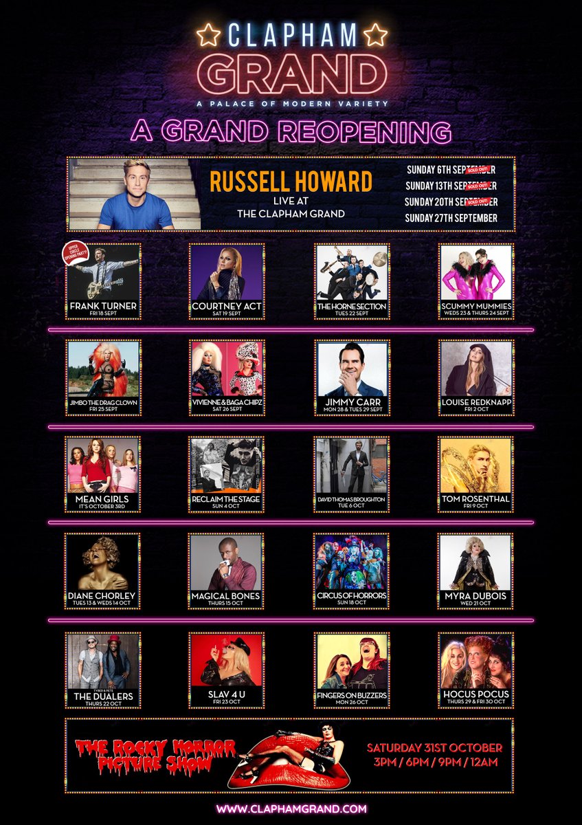 WE ARE BACK 🎉🙌
We are incredibly excited to announce all these amazing shows &amp; to be doing what we love - entertaining you! ❤️

We kick off this Friday with a very special show to open our Upper Circle with <a href="/frankturner/">Frank Turner</a> 🎉

Tickets: claphamgrand.com/whats-on/ 🎟