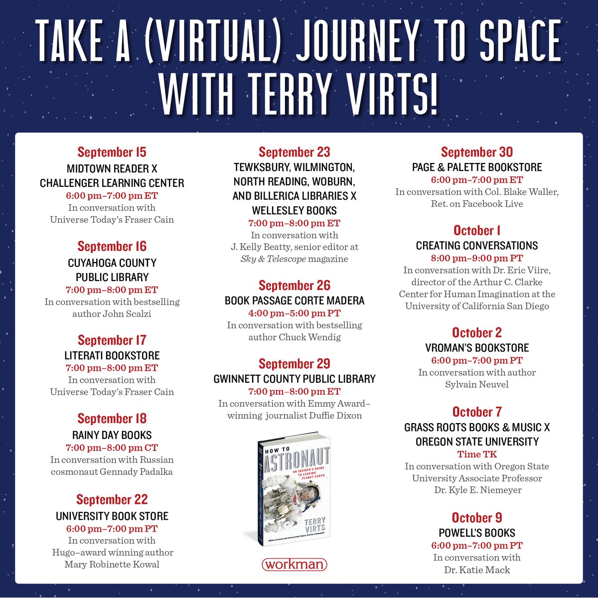 AstroTerry's tweet photo. Virtual book tour dates released! I hope you enjoy my new book #HowToAstronaut @WorkmanPub @howtoastronaut  For more dates check out: 
https://t.co/pjhEuAVf2P https://t.co/GUk6BJw1Oy