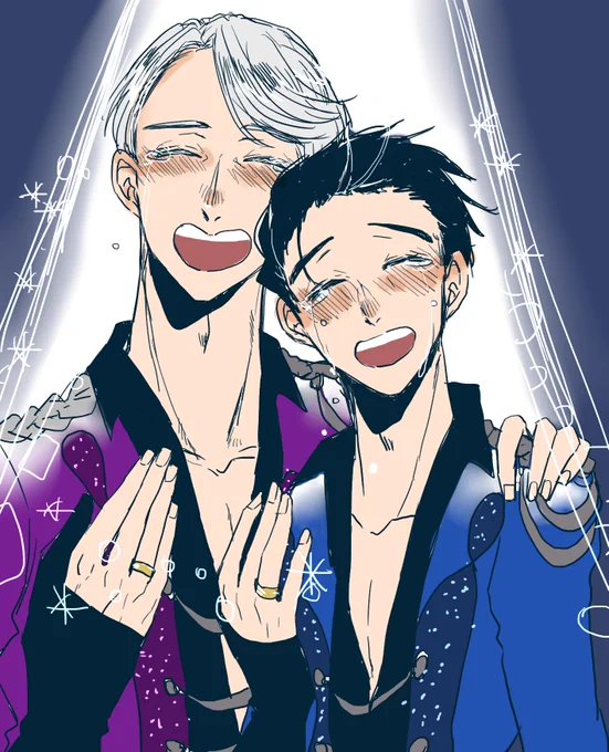 うしびとさん【@ushibito217】から頂いた指輪を見せながら結婚記者会見するヴィク勇です!ゆうりくんが金メダル取った大会のエキシを急遽離そばにしてヴィさんから結婚しようって言ってなったあとに記者会見したイメージです!初結婚会見絵だったので色付けました!ありがとうございました～! 