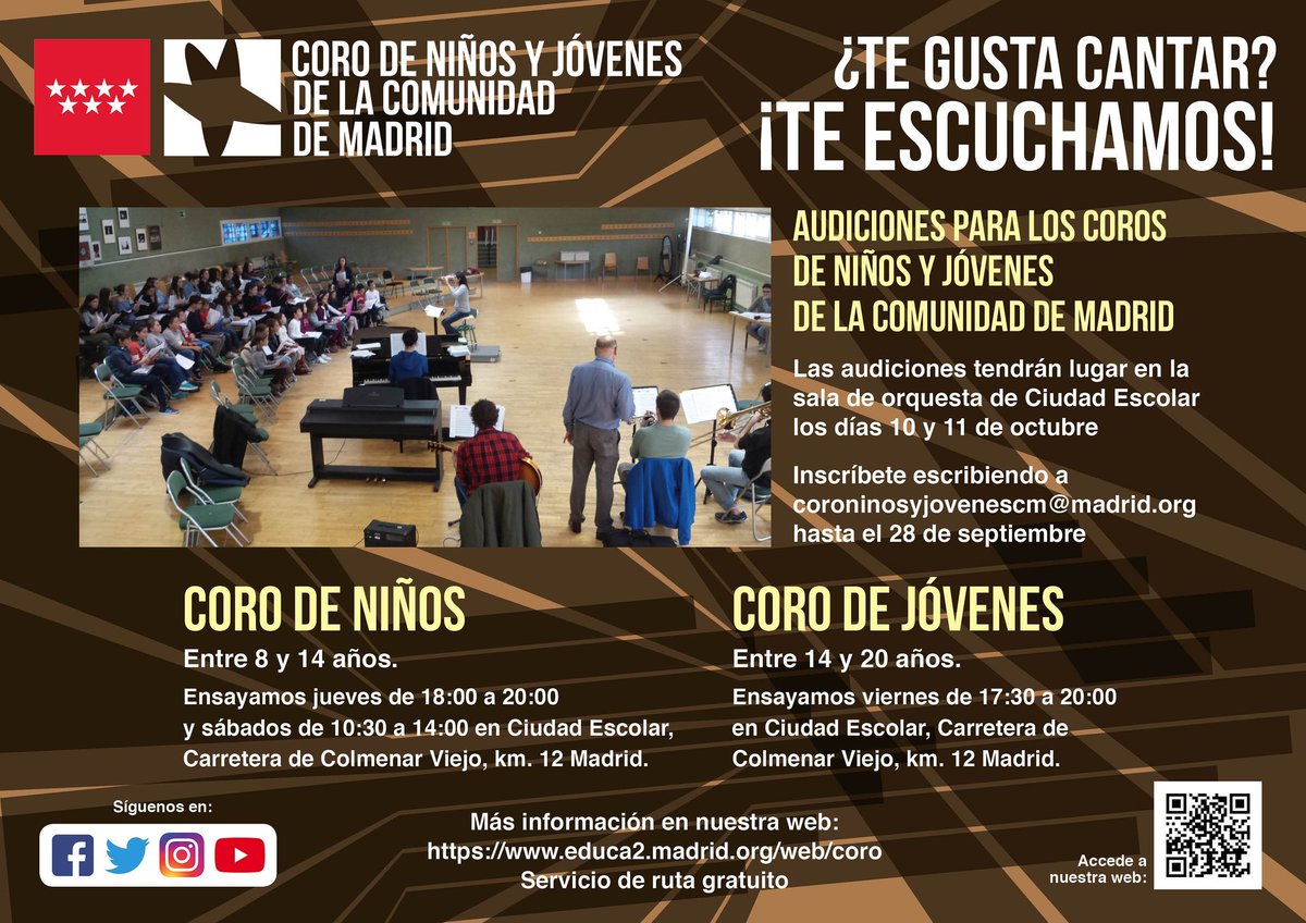coroninosyjovcm's tweet photo. Abierto el plazo de inscripción para nuestras audiciones de octubre para los coros de niños y jóvenes, toda la info en el cartel y en nuestra web ¡Os esperamos! #audiciones #audicionescoroniños #audicionescorojovenes #audicionesmadrid #coromadrid #coroniños https://t.co/ovrtOKVoVP