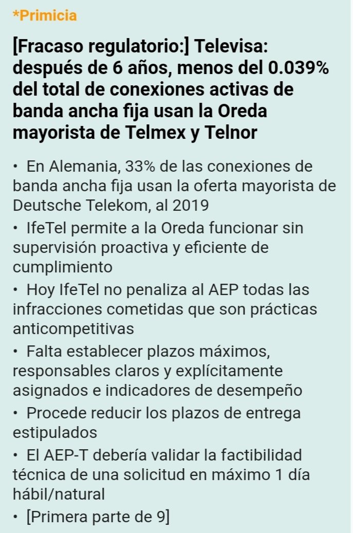 HoyenTelecom's tweet photo. .#PRIMICIA de HOY en TELECOM

[Fracaso regulatorio:] Televisa: después de 6 años, menos del 0.039% del total de conexiones activas de banda ancha fija usan la Oreda mayorista de Telmex y Telnor

https://t.co/9uCXOlwIZ4 https://t.co/tHSyXyLfLc