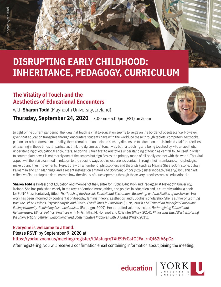 New date! 
This talk was rescheduled because it coincided with the Scholar's Strike Canada. 
There is still time to register. Join us on the 24th to hear the brilliant Sharon Todd talk about touch and aesthetics