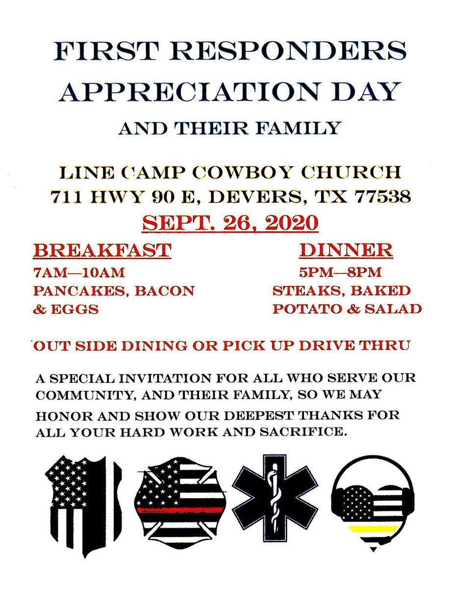 sourlakecoc's tweet image. Line Camp Cowboy Church invites first responders and their families to their First Responders Appreciation Day! Please share with a first responder you know 👩‍🚒👮🧑‍⚕️ 
🚑🚓🚒
#HonoringFirstResponders #LineCampCowboyChurch