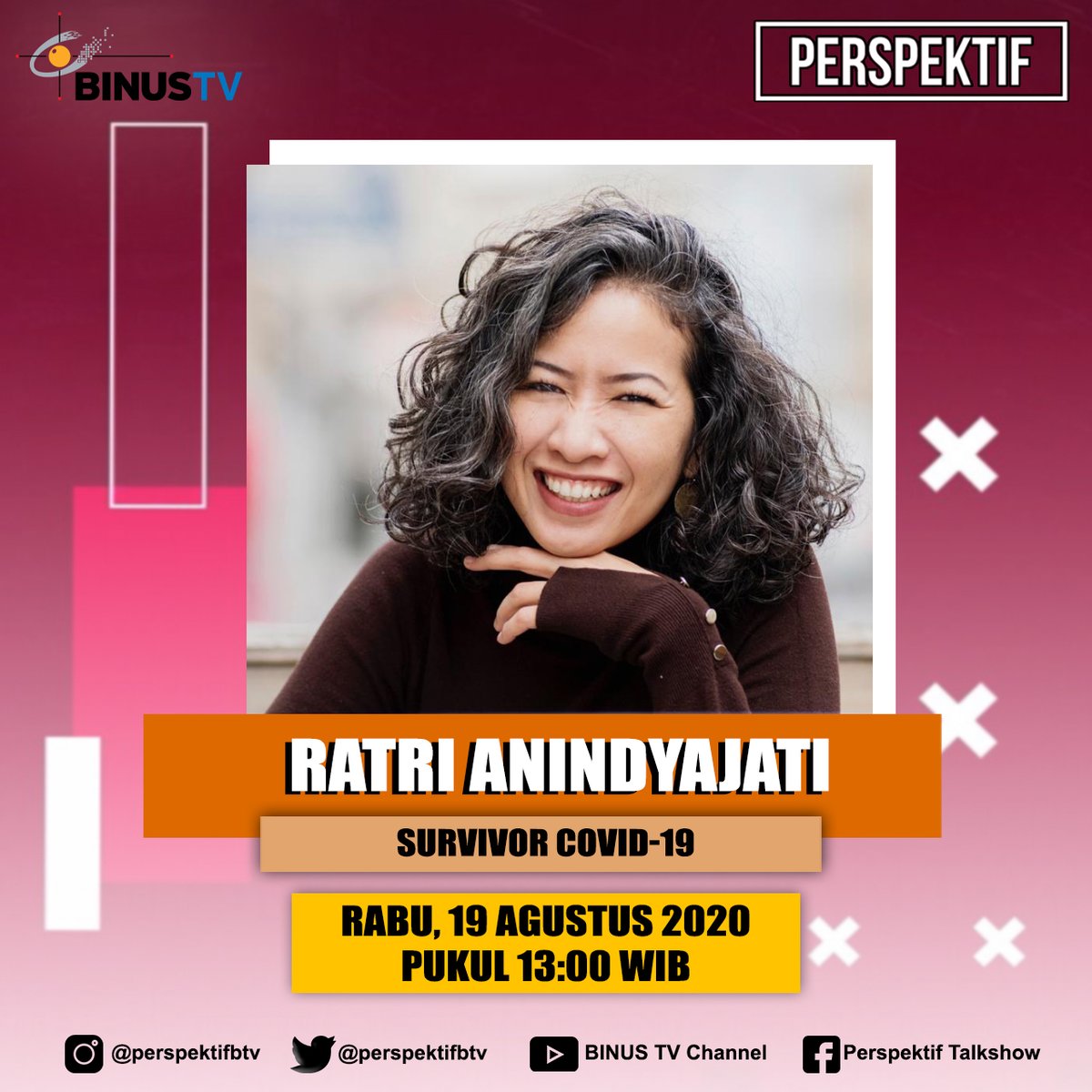 Sembuh dari #COVID19, <a href="/AnindyaRatri/">Ratri Anindyajati</a> pilih habiskan waktu berkualitas bersama keluarga. Anjuran #dirumahaja #dirumahsaja dipatuhinya.
Smart viewers, apa #motivation #inspiration hadapi #CoronavirusPandemic #COVID19Pandemic?

Ayo tonton #PERSPEKTIF <a href="/BinusTV/">#IAmASmartViewer</a> binus.tv!