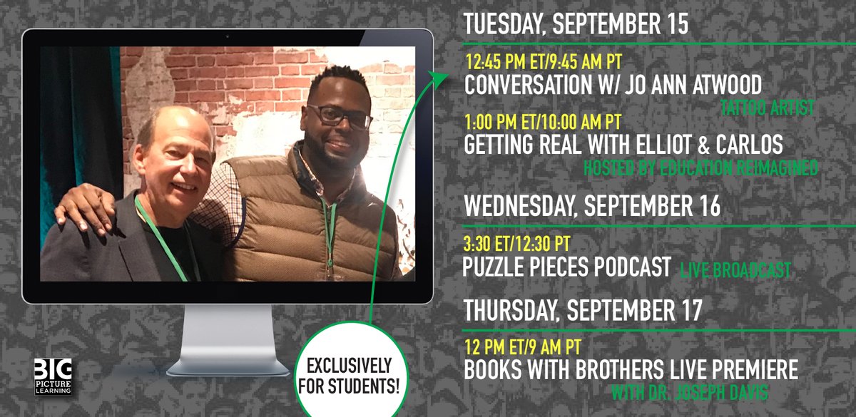 bigpiclearning's tweet photo. Here's our schedule for this week's #BPLGrabsTheRemote sessions, including a conversation TODAY with @Elliot_Washor & @Carlos_Moreno06 hosted by @EdReimagined. Details for each of these sessions at https://t.co/uT1K1bxlXB #deeperlearning #edchat https://t.co/XqRuLFn0y0