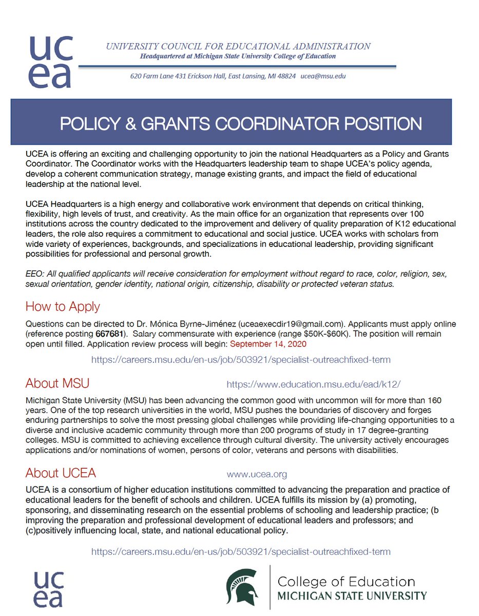 Excited by this chance to grow our <a href="/UCEA/">UCEA</a> HQ team!! For more info &amp; links - ucea.org/opportunities/… #LeadershipMatters <a href="/UCEAJSN/">Jackson Scholars Network</a> <a href="/UCEAGSC/">UCEA GSC</a> <a href="/DivA_EdLead/">AERA Division A</a> <a href="/DivisionAGSC/">AERA DivA Grad Student Council</a> <a href="/icpel/">ICPEL (EdLeadership)</a> @CPEDEdD <a href="/BelmasOffice/">BELMAS</a> <a href="/CCEAMmembers/">CCEAM</a> <a href="/WomenEd_US/">WomenEd US</a> @lopezgr88 <a href="/DrTerah/">Terah Venzant Chambers</a> @alchto3 <a href="/MSUCollegeofEd/">College of Education</a>