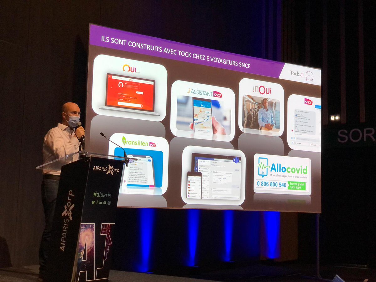 SNCFConnectTech's tweet photo. [🗣 @AI_PARIS_ ]

@FrancoisN0, Conversational manager IA e.Voyageurs SNCF, était en direct de la #AIParis pour parler Open Source et présenter #Tock notre plateforme ouverte qui permet aux entreprises de créer des agents conversationnels comme #OUIbot ou @Allocovid. https://t.co/BKPEailafv