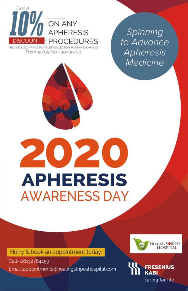 HealingStripesH's tweet photo. 2020 APHERESIS AWARENESS DAY 

Get a 10% discount on any Apheresis Procedures (RED CELL EXCHANGE, PLATELET COLLECTION, PLASMA EXCHANGE) from 15/09/20 - 30/09/20.
Hurry and book an appointment today:  Call- 08132764459
Email :appointments@healingstripeshospital.com

#Apheresis https://t.co/dFTNCom4ku