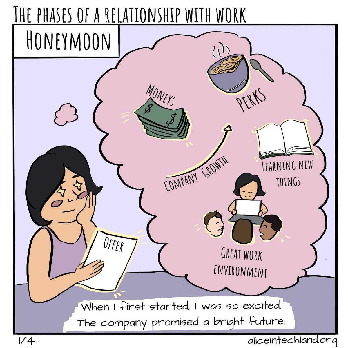 Alice__Yuan's tweet image. #aliceintechland comic:
The phases of a relationship with work. 

1. Honeymoon
"When I first started, I was so excited. The company promised a bright future."