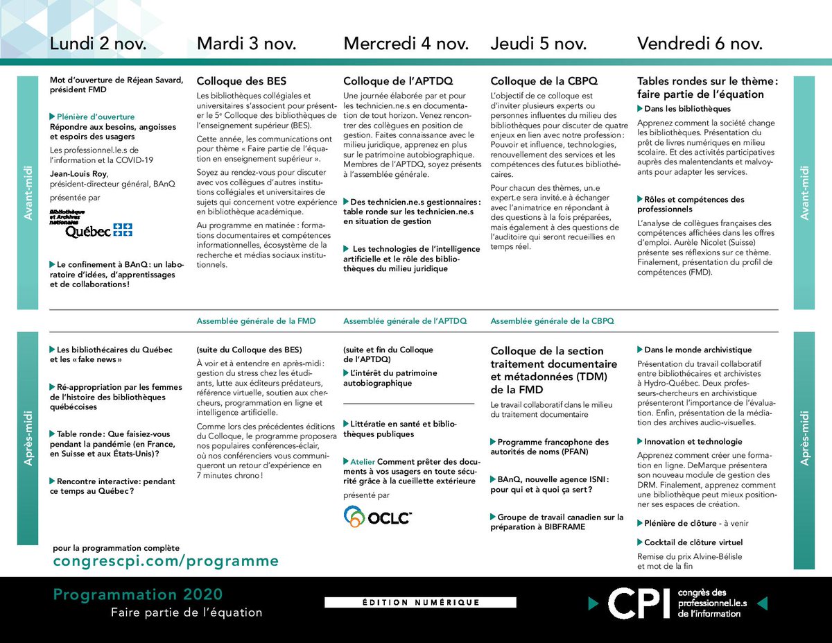 CongresCPI's tweet photo. Le programme complet du #CongrèsCPI est en ligne ! ✨

📌 Conférences, tables-rondes et ateliers animés par plus de 60 conférencier.ère.s !

Programme complet et détaillé 👉   https://t.co/jleHtyQTTX

@BAnQ_milieuxdoc @OCLC @APTDQ @CBPQ_QC @FMDocs #FMDTDM #ColloqueBES https://t.co/9fOM7YCMUj