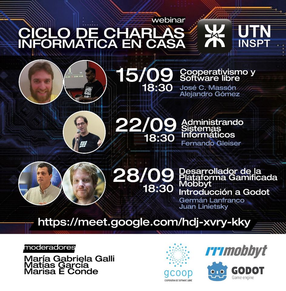 #HOY #Imperdible
15/09 los amigos de gcoop nos hablaran sobre la relación entre el cooperativismo y el Software Libre, como es posible trabajar y llevar adelante una empresa desarrollando exclusivamente Software Libre, c

meet.google.com/hdj-xvry-kky a las 18:30 hs puntual