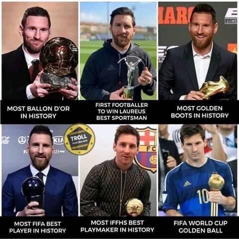 ...participate in a WC Final, win a Gold Medal, 2 trebles + Sextuple (team achievements), IFFHS Playmaker of the Year (4 - record) & only player to score + assist in 6 club competitions in 1 year. On the other hand, there are only 4 things that CR7 has achieved that Messi hasn't: